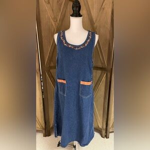 Denim romper dress women’s Sz L with Floral Embroidery cottage core grunge